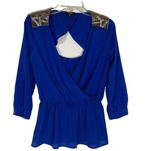 XOXO Long Sleeve Sequin Accents Wrap Style Royal Blue Shirt Blouse Top Sz M